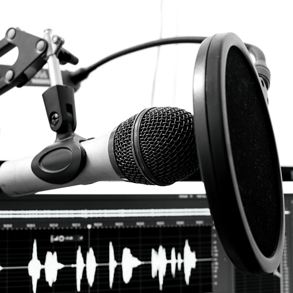 Close up of studio microphone, an audio wave on a computer screen in the background