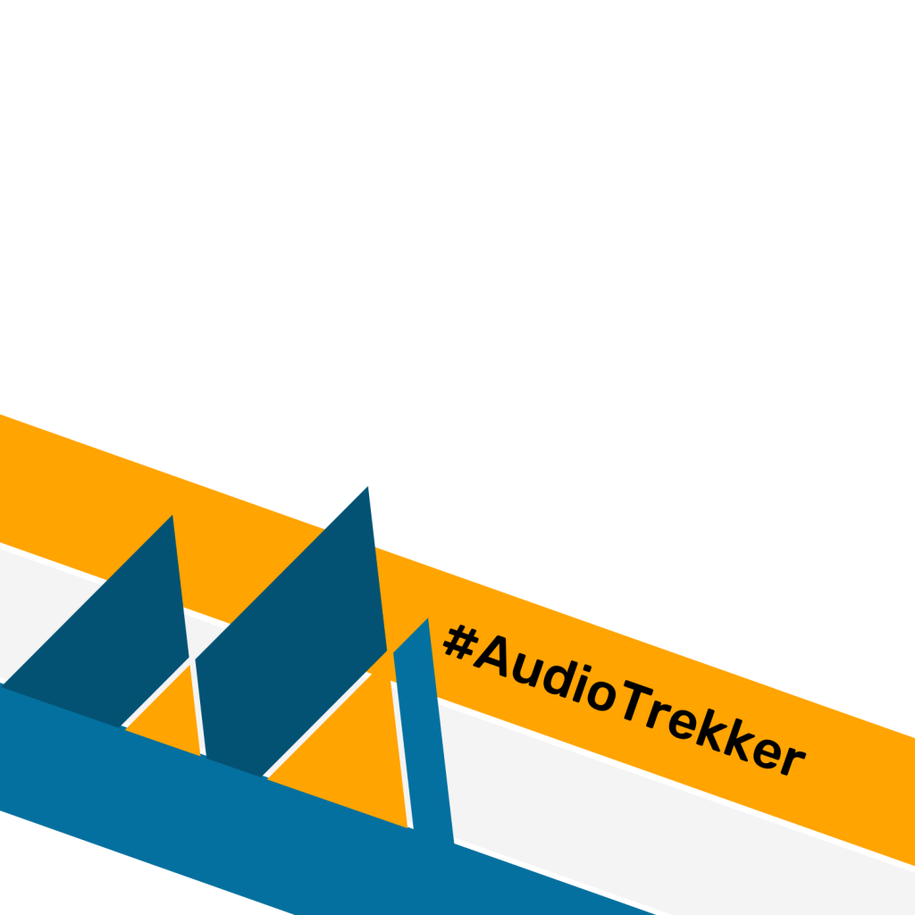 text says "#AudioTrekker" on a graphic of mountains.