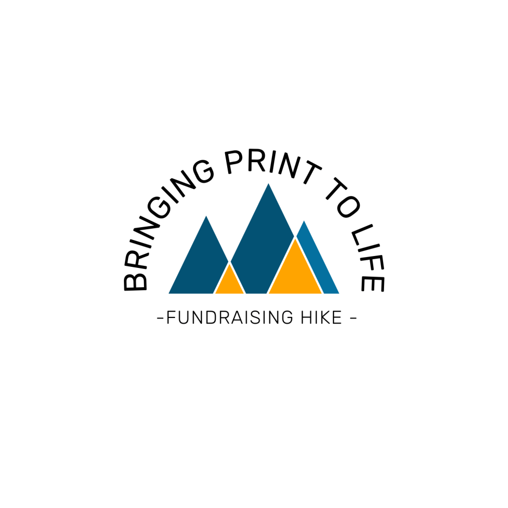 Logo text says "Bringing print to life fundraising hike" and a graphic of mountains.